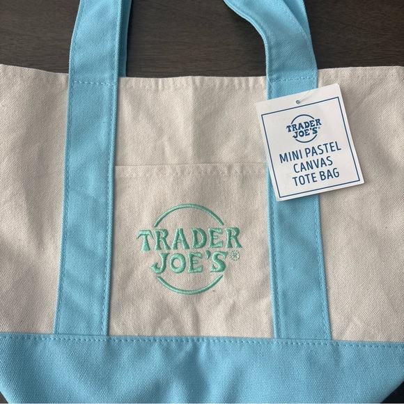 Trader Joes Mini Canvas Tote Bag Blue Green Logo NWT Limited Edition - Picture 2 of 8